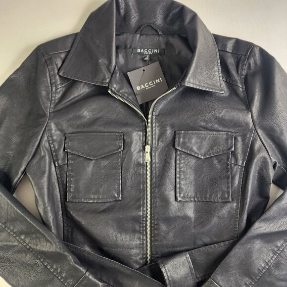 Baccini Faux Leather Jacket Woman's Black Size Medium Full Zip Pockets NWT - Picture 3 of 12